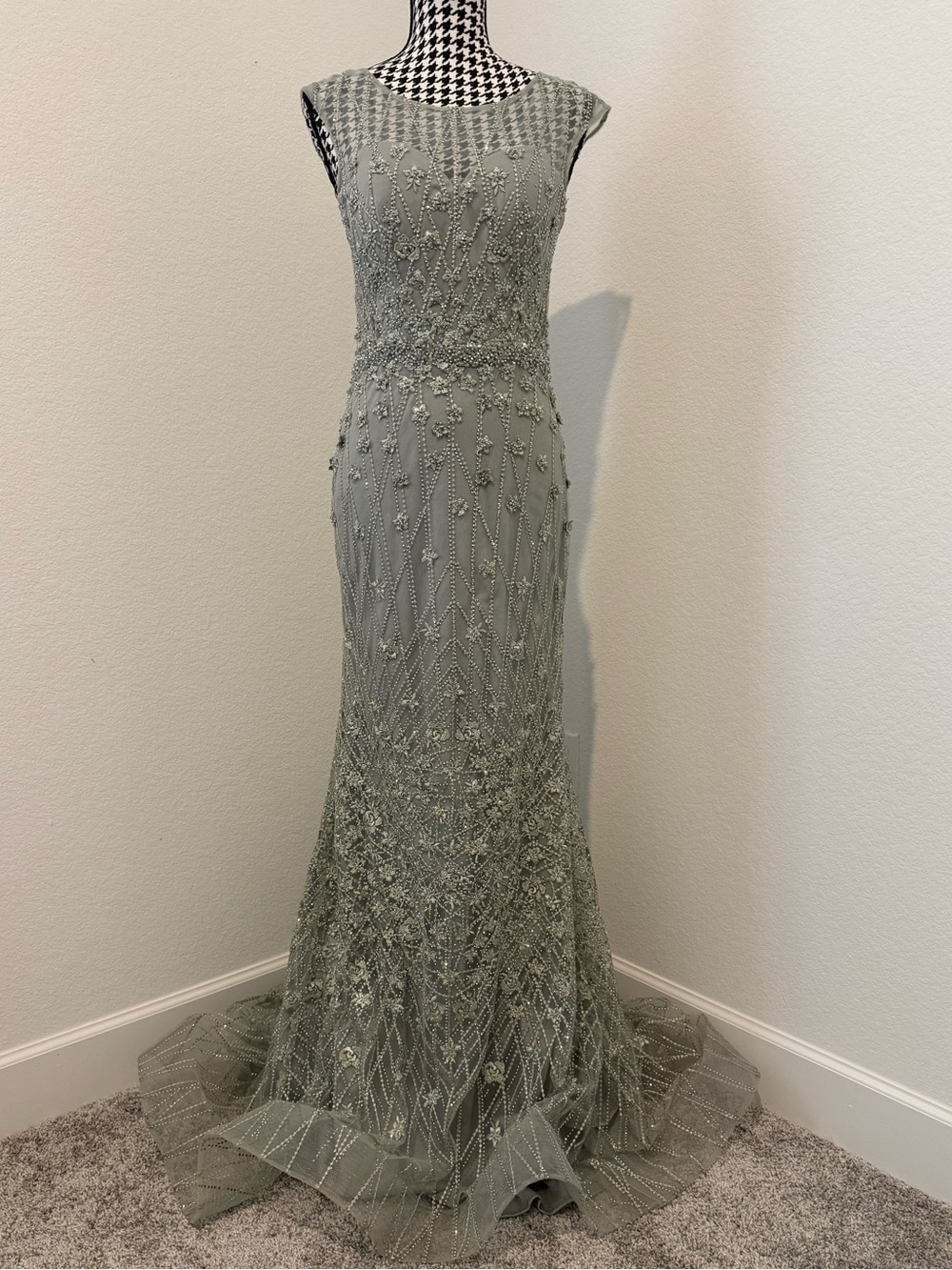 One of a Kind Elegant Beaded Silver Sage Evening Gown